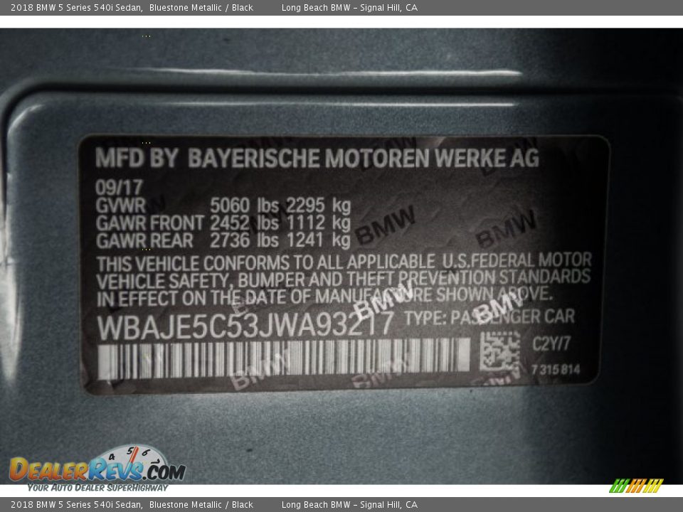 2018 BMW 5 Series 540i Sedan Bluestone Metallic / Black Photo #12
