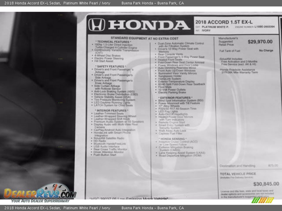 2018 Honda Accord EX-L Sedan Platinum White Pearl / Ivory Photo #16