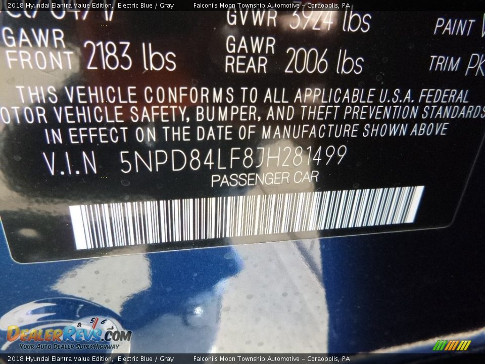 2018 Hyundai Elantra Value Edition Electric Blue / Gray Photo #12