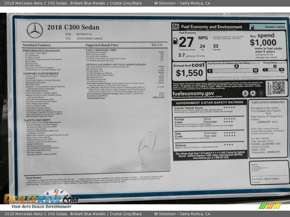 2018 Mercedes-Benz C 300 Sedan Brilliant Blue Metallic / Crystal Grey/Black Photo #11