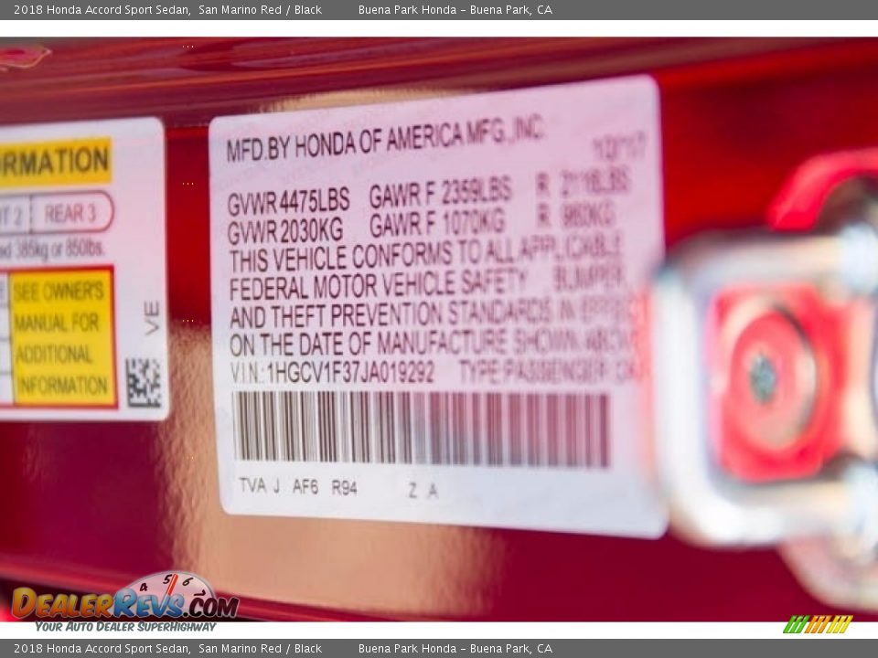 2018 Honda Accord Sport Sedan San Marino Red / Black Photo #17