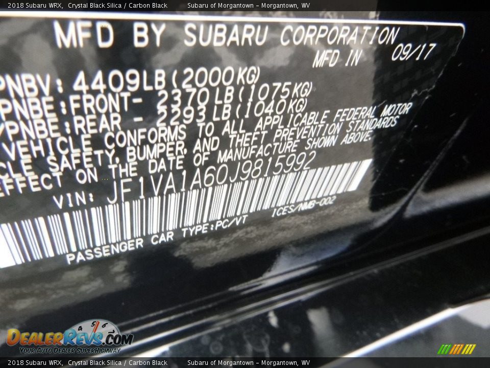 2018 Subaru WRX Crystal Black Silica / Carbon Black Photo #16