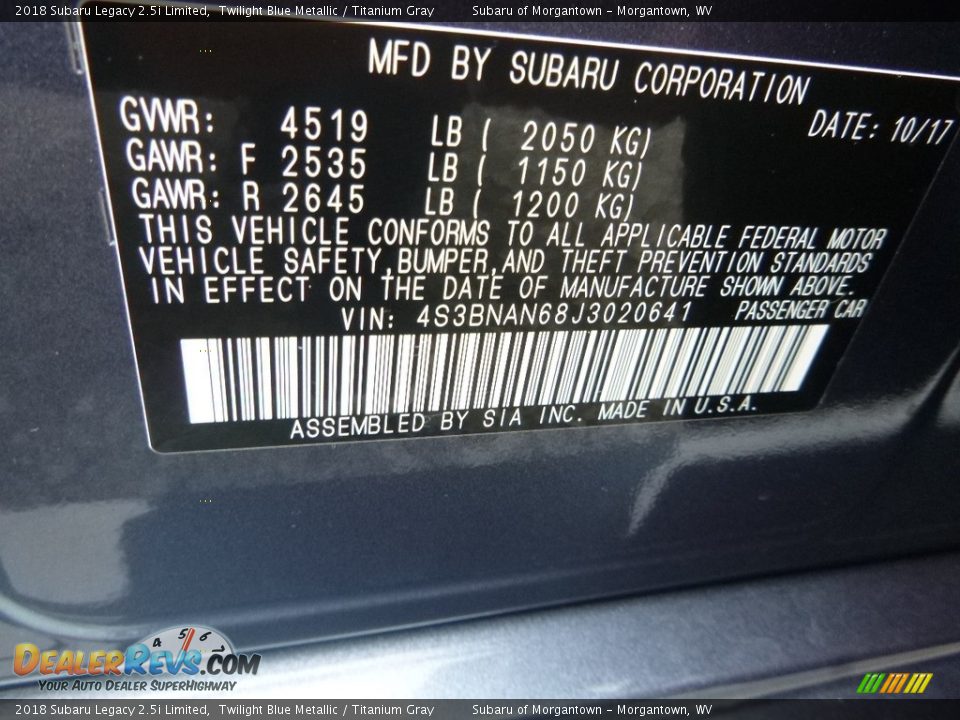 2018 Subaru Legacy 2.5i Limited Twilight Blue Metallic / Titanium Gray Photo #16