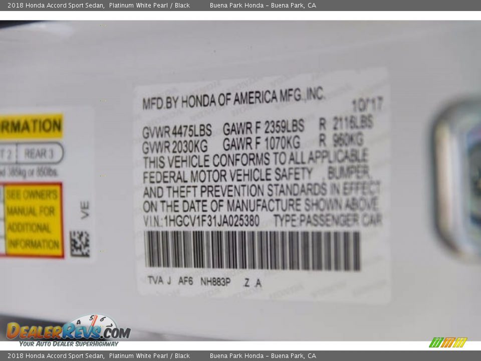 2018 Honda Accord Sport Sedan Platinum White Pearl / Black Photo #16