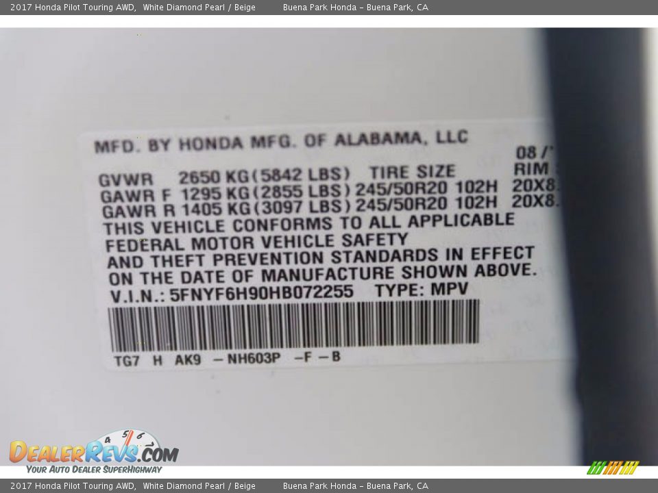 2017 Honda Pilot Touring AWD White Diamond Pearl / Beige Photo #22