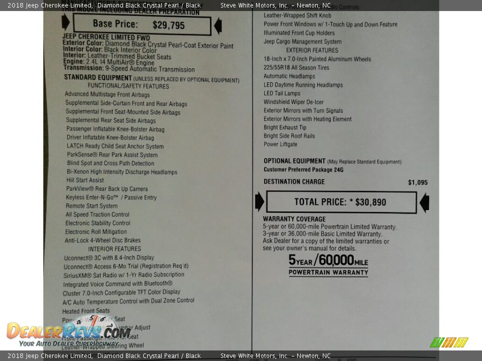 2018 Jeep Cherokee Limited Diamond Black Crystal Pearl / Black Photo #30