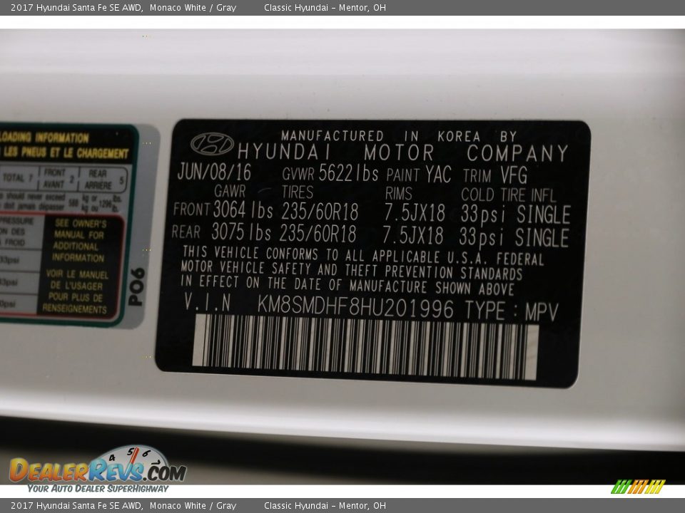 2017 Hyundai Santa Fe SE AWD Monaco White / Gray Photo #19