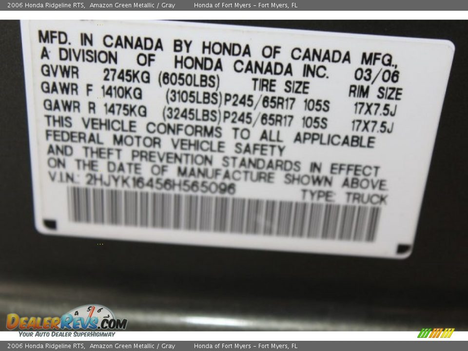 2006 Honda Ridgeline RTS Amazon Green Metallic / Gray Photo #27