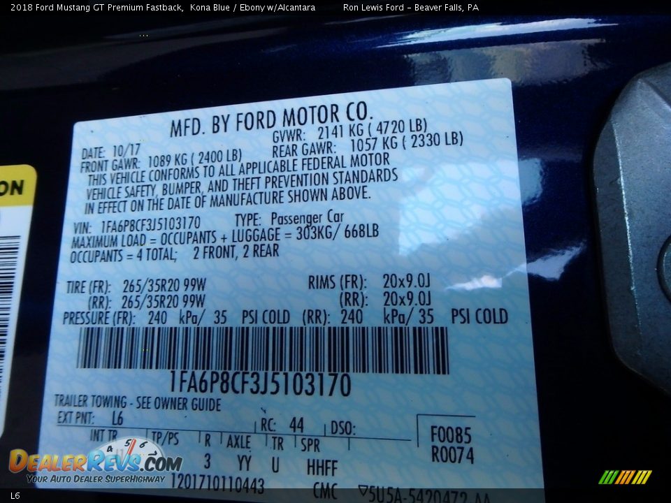 Ford Color Code L6 Kona Blue