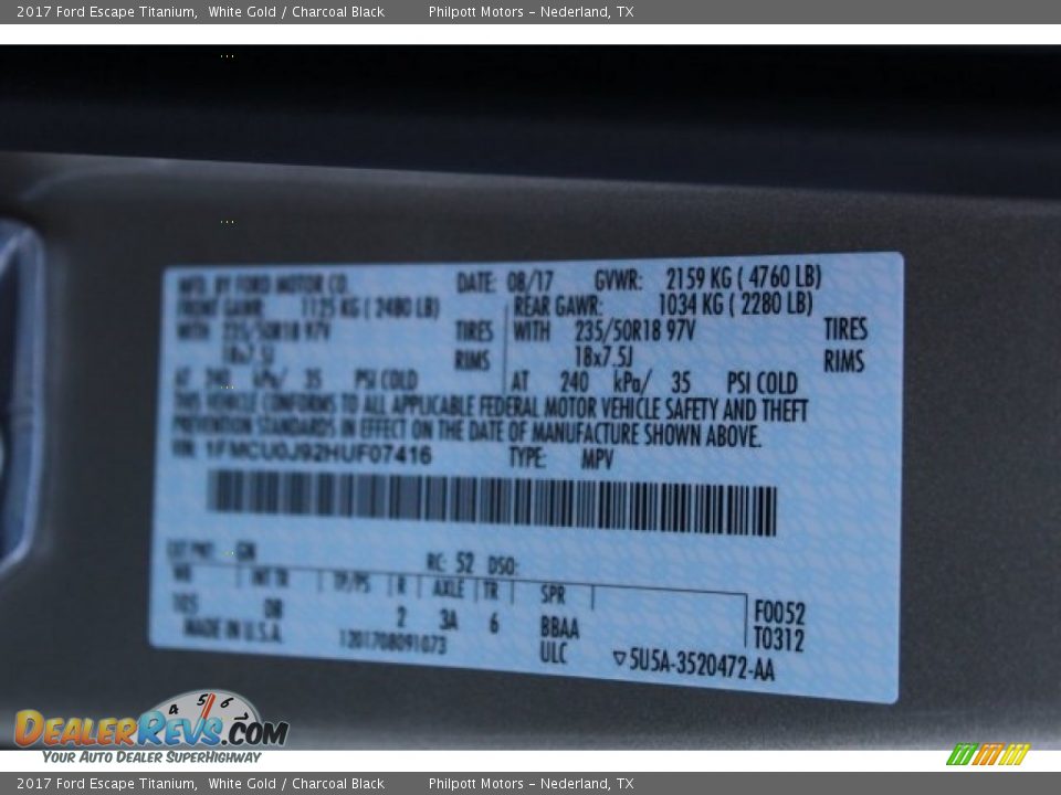 2017 Ford Escape Titanium White Gold / Charcoal Black Photo #29