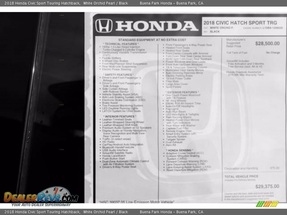 2018 Honda Civic Sport Touring Hatchback White Orchid Pearl / Black Photo #18
