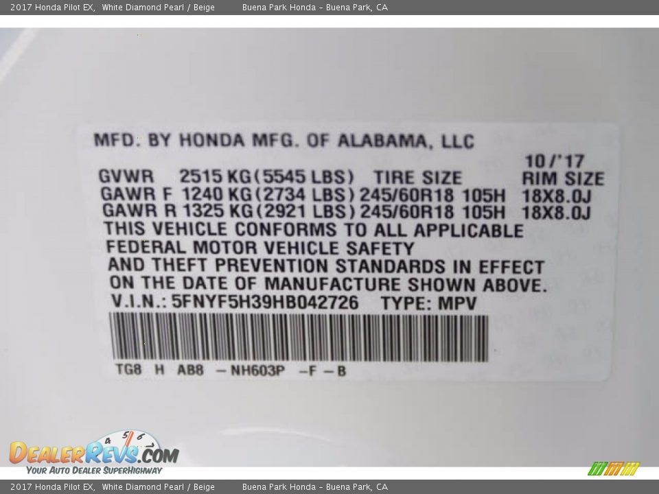 2017 Honda Pilot EX White Diamond Pearl / Beige Photo #19