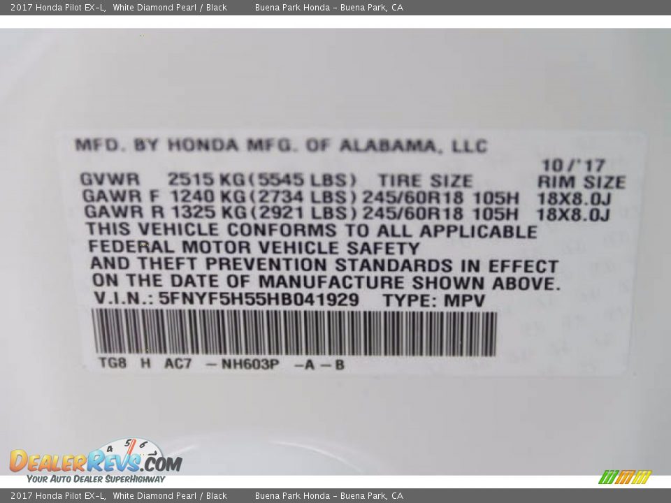 2017 Honda Pilot EX-L White Diamond Pearl / Black Photo #20