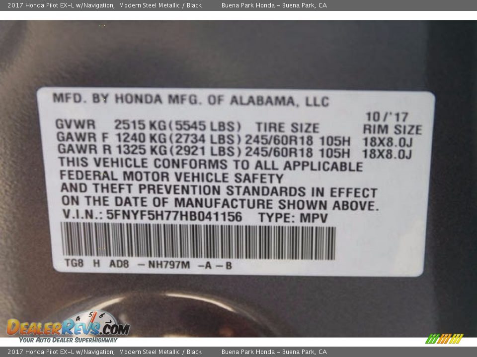 2017 Honda Pilot EX-L w/Navigation Modern Steel Metallic / Black Photo #20