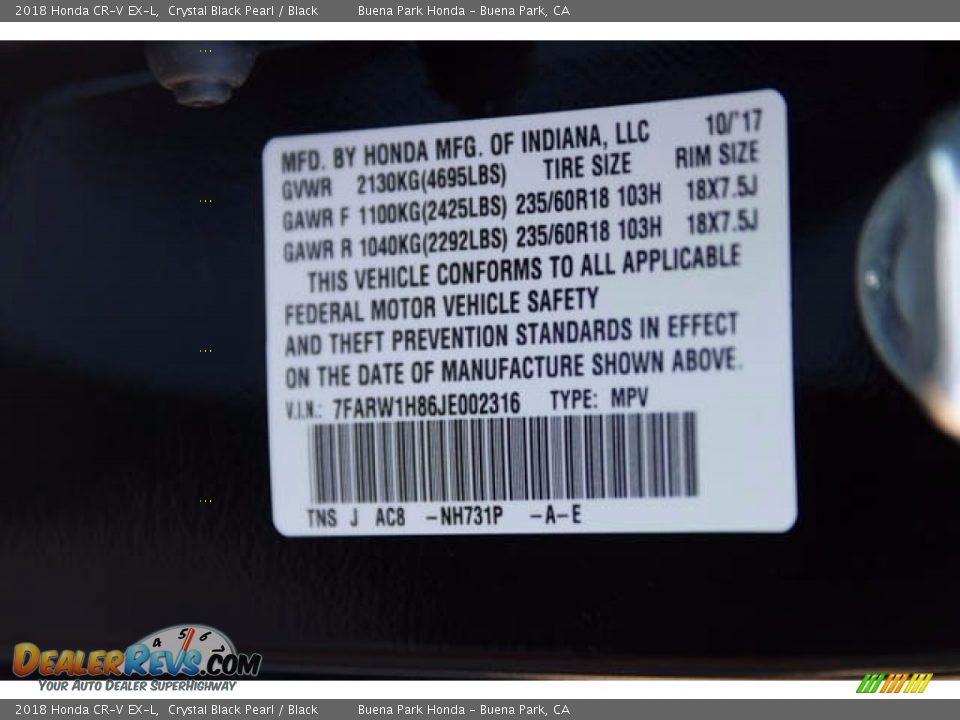 2018 Honda CR-V EX-L Crystal Black Pearl / Black Photo #17