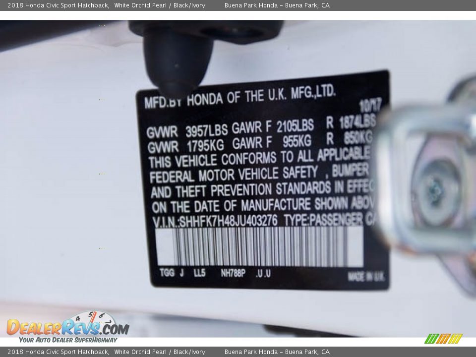 2018 Honda Civic Sport Hatchback White Orchid Pearl / Black/Ivory Photo #7