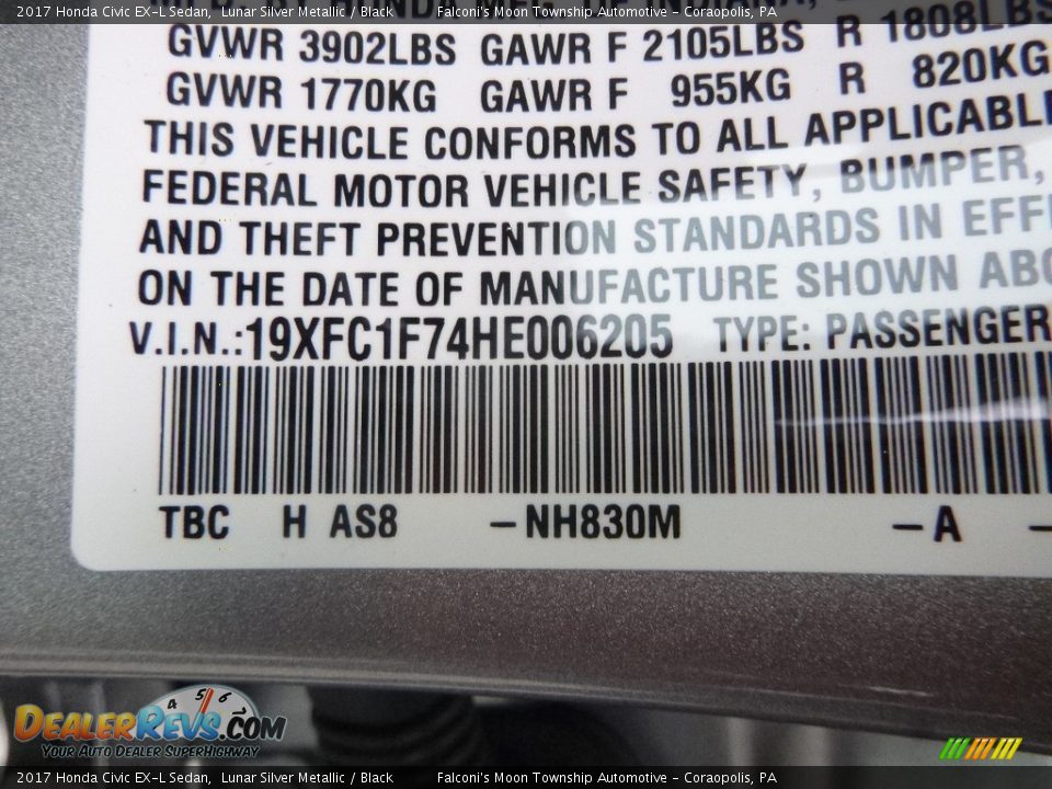 2017 Honda Civic EX-L Sedan Lunar Silver Metallic / Black Photo #12