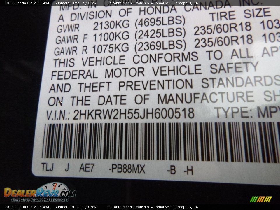 2018 Honda CR-V EX AWD Gunmetal Metallic / Gray Photo #12