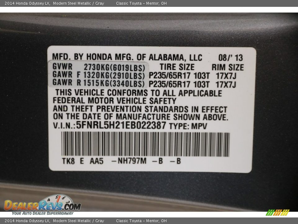 2014 Honda Odyssey LX Modern Steel Metallic / Gray Photo #23