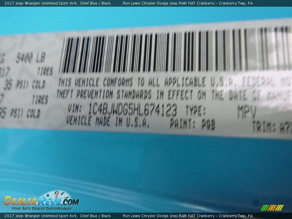 2017 Jeep Wrangler Unlimited Sport 4x4 Chief Blue / Black Photo #15