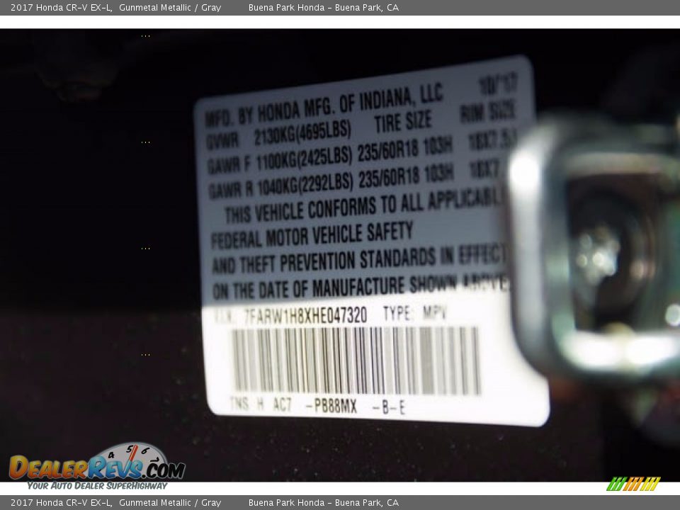 2017 Honda CR-V EX-L Gunmetal Metallic / Gray Photo #17