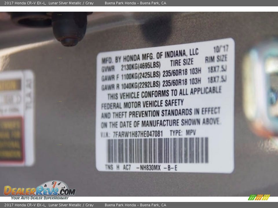 2017 Honda CR-V EX-L Lunar Silver Metallic / Gray Photo #17