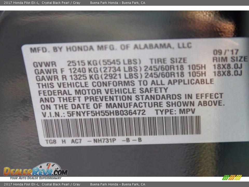 2017 Honda Pilot EX-L Crystal Black Pearl / Gray Photo #20