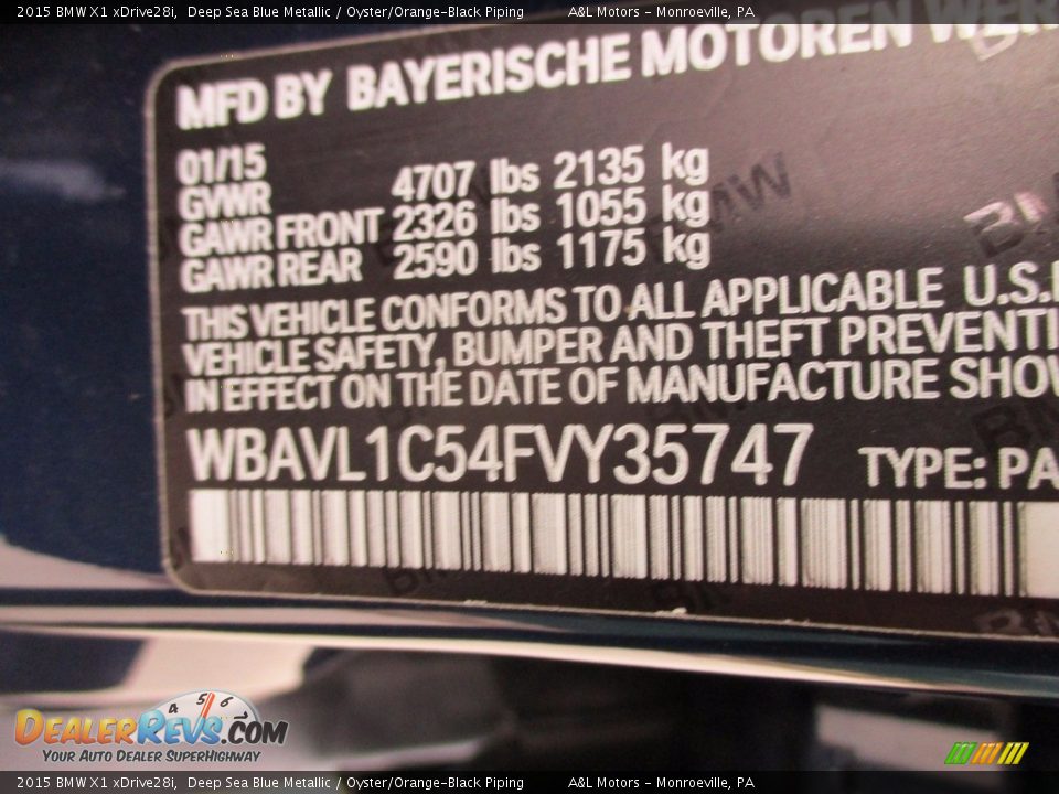 2015 BMW X1 xDrive28i Deep Sea Blue Metallic / Oyster/Orange-Black Piping Photo #19