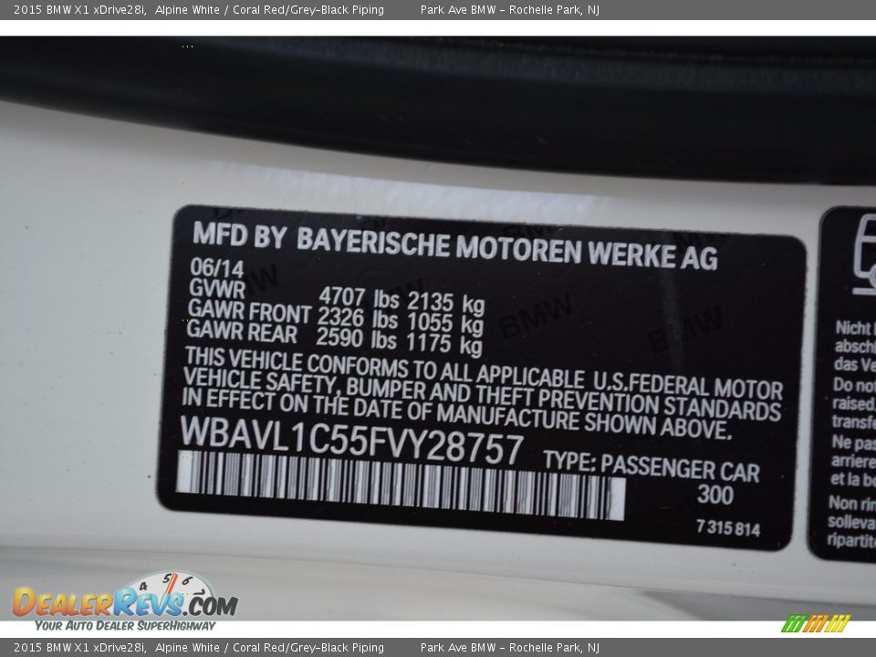2015 BMW X1 xDrive28i Alpine White / Coral Red/Grey-Black Piping Photo #34
