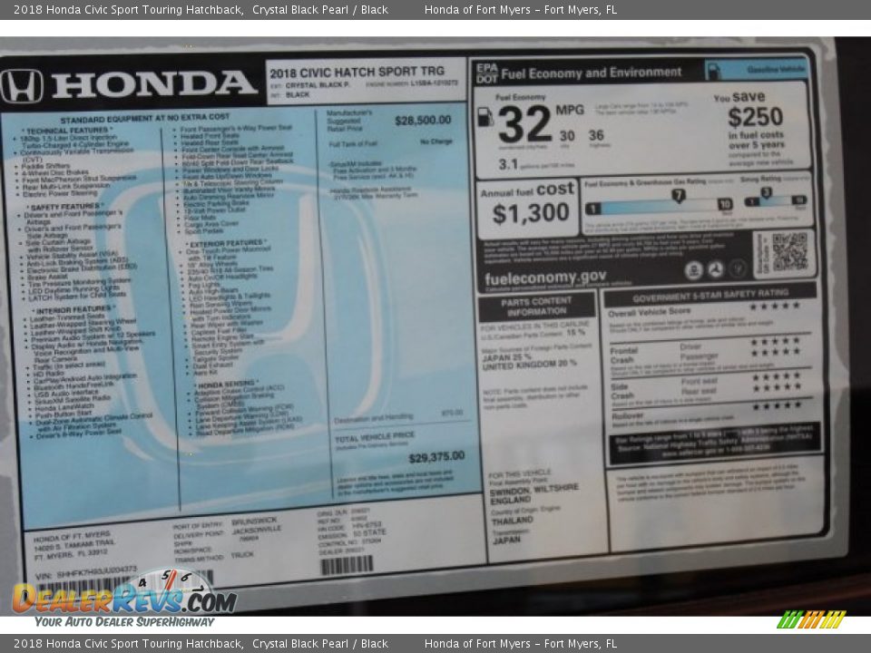 2018 Honda Civic Sport Touring Hatchback Window Sticker Photo #29