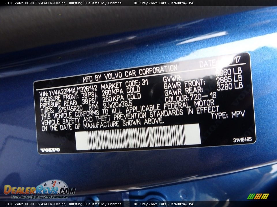 2018 Volvo XC90 T6 AWD R-Design Bursting Blue Metallic / Charcoal Photo #12