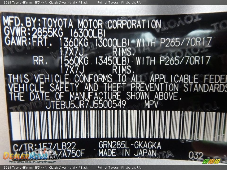 2018 Toyota 4Runner SR5 4x4 Classic Silver Metallic / Black Photo #10