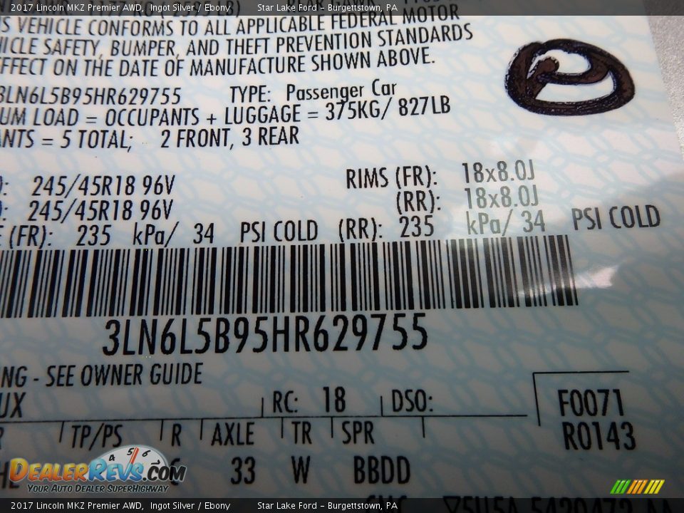 2017 Lincoln MKZ Premier AWD Ingot Silver / Ebony Photo #13