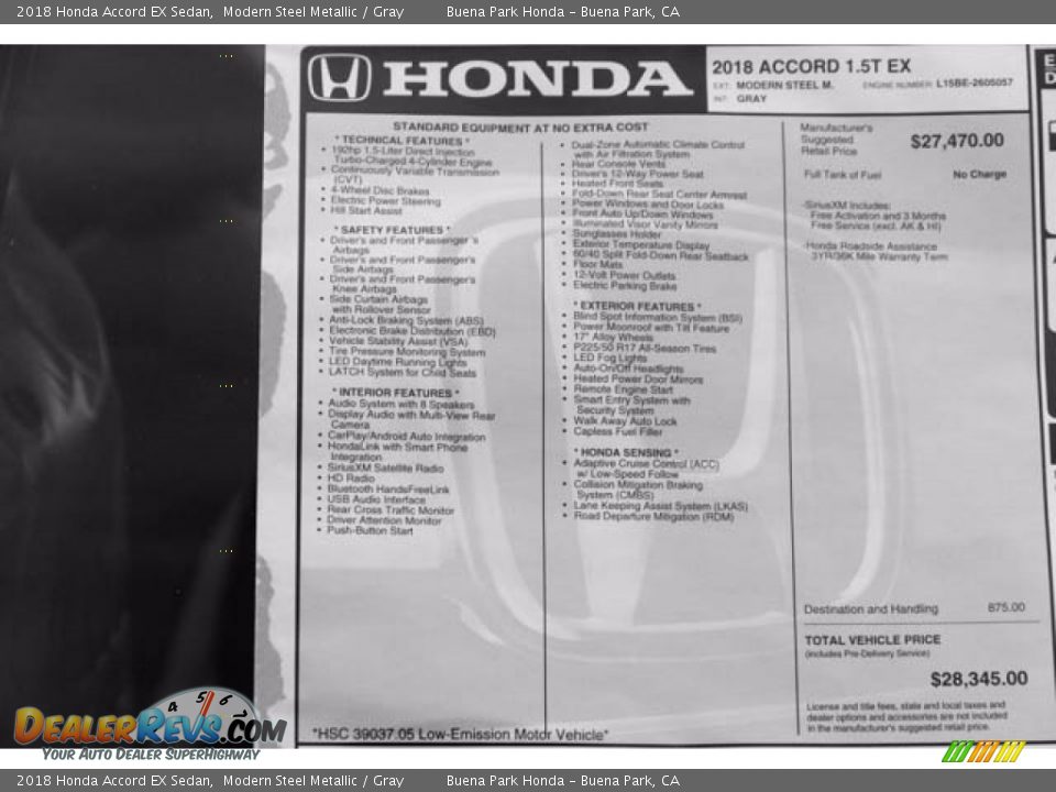 2018 Honda Accord EX Sedan Modern Steel Metallic / Gray Photo #16