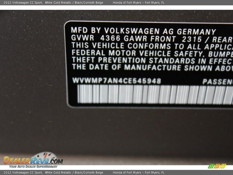 2012 Volkswagen CC Sport White Gold Metallic / Black/Cornsilk Beige Photo #29