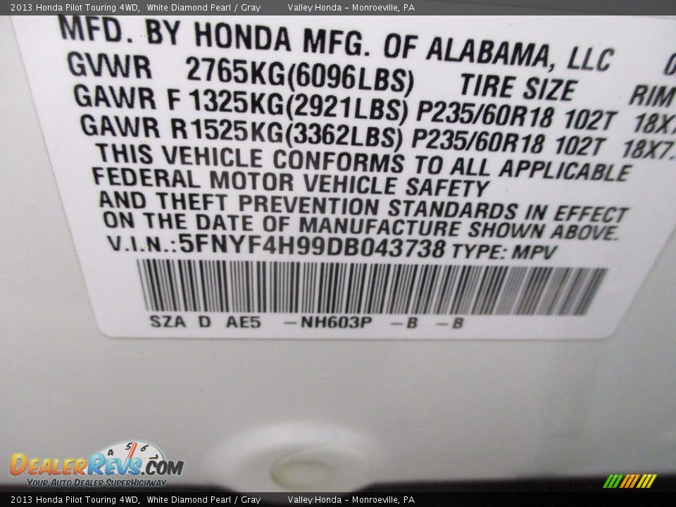2013 Honda Pilot Touring 4WD White Diamond Pearl / Gray Photo #19