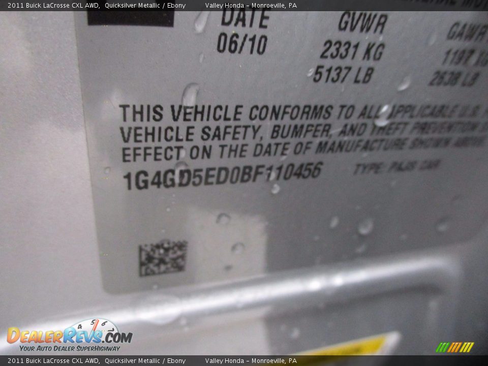 2011 Buick LaCrosse CXL AWD Quicksilver Metallic / Ebony Photo #19
