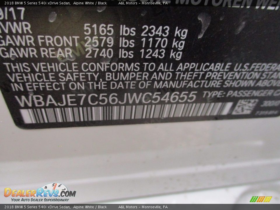 2018 BMW 5 Series 540i xDrive Sedan Alpine White / Black Photo #19