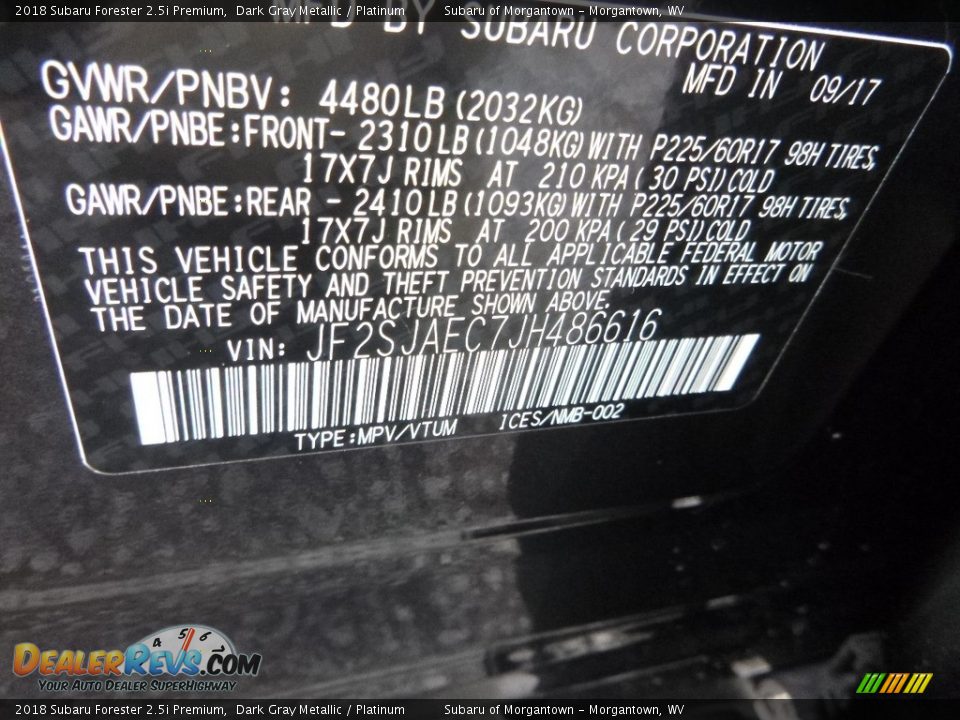 2018 Subaru Forester 2.5i Premium Dark Gray Metallic / Platinum Photo #10