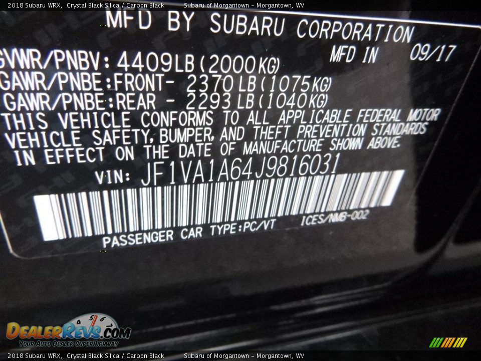 2018 Subaru WRX Crystal Black Silica / Carbon Black Photo #16
