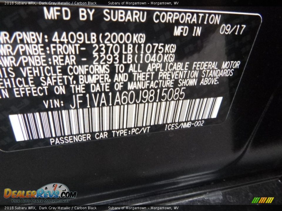 2018 Subaru WRX Dark Gray Metallic / Carbon Black Photo #16