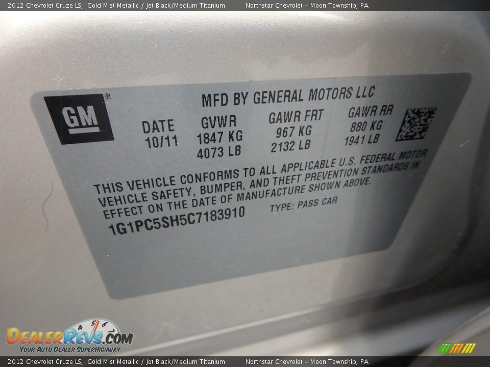 2012 Chevrolet Cruze LS Gold Mist Metallic / Jet Black/Medium Titanium Photo #14