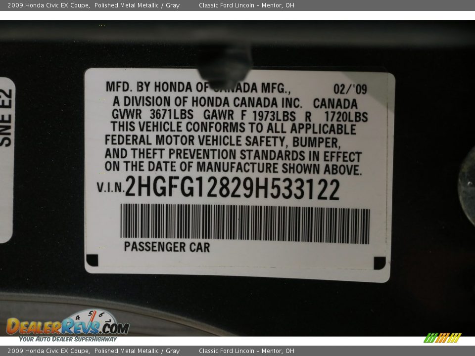 2009 Honda Civic EX Coupe Polished Metal Metallic / Gray Photo #18