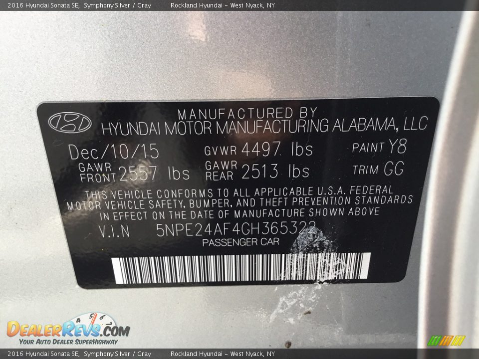 2016 Hyundai Sonata SE Symphony Silver / Gray Photo #31
