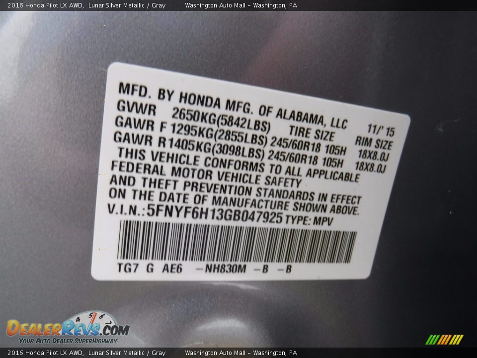 2016 Honda Pilot LX AWD Lunar Silver Metallic / Gray Photo #26