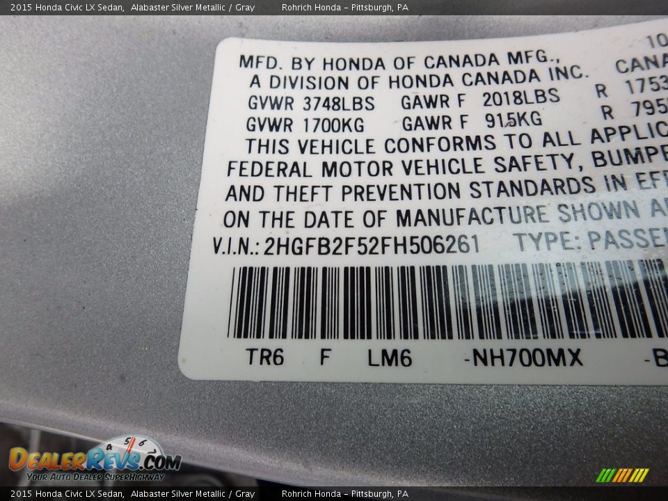 2015 Honda Civic LX Sedan Alabaster Silver Metallic / Gray Photo #27