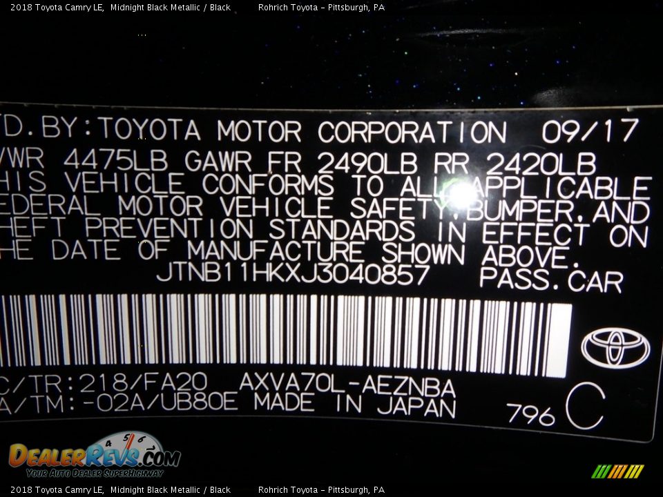 2018 Toyota Camry LE Midnight Black Metallic / Black Photo #10