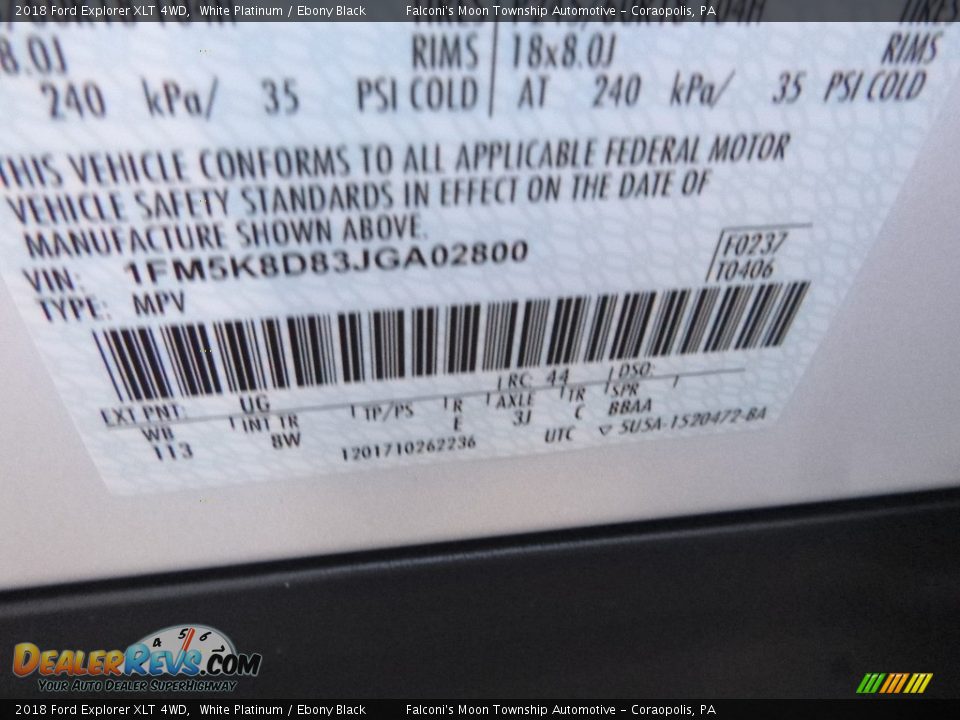 2018 Ford Explorer XLT 4WD White Platinum / Ebony Black Photo #13