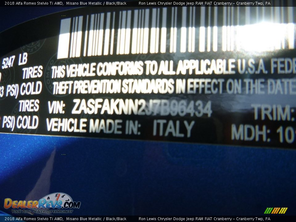 2018 Alfa Romeo Stelvio Ti AWD Misano Blue Metallic / Black/Black Photo #22