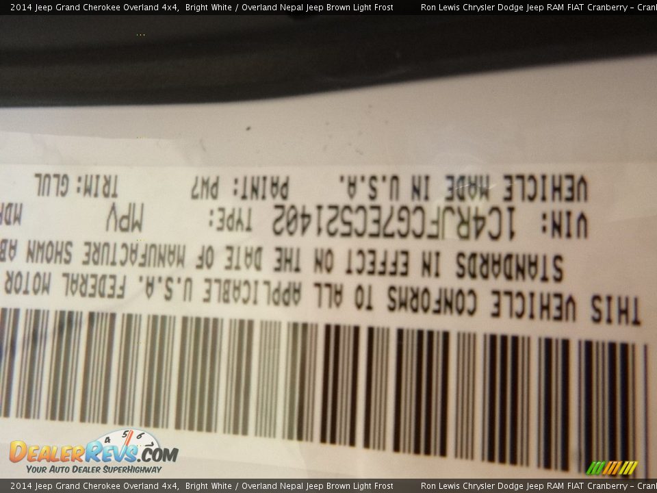 2014 Jeep Grand Cherokee Overland 4x4 Bright White / Overland Nepal Jeep Brown Light Frost Photo #16